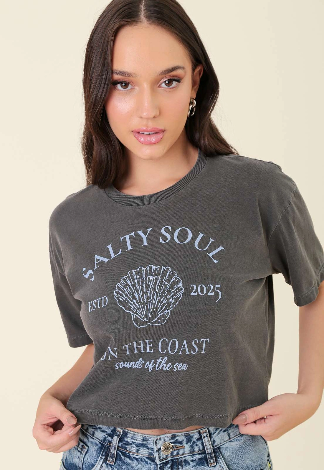 T-Shirt Cropped Em Meia Malha Estonada Salty Soul