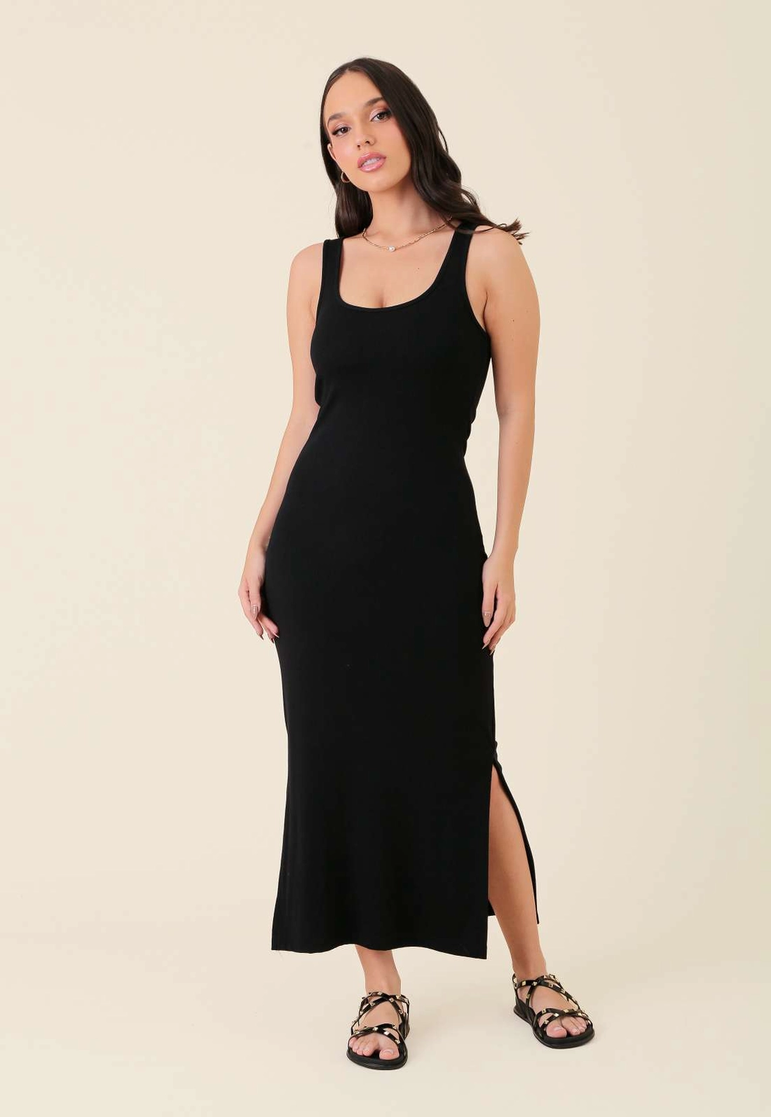 Vestido Midi Em Ribana Canelado Sem Manga Com Fenda