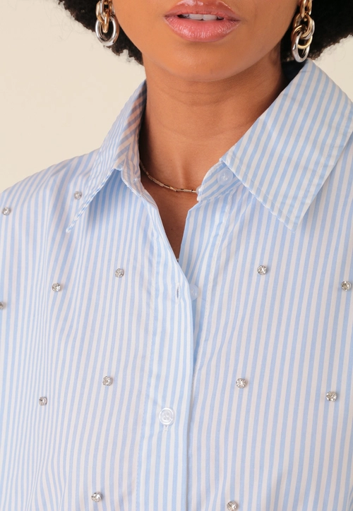 Camisa Listrada Em Algodão Com Pedraria Strass