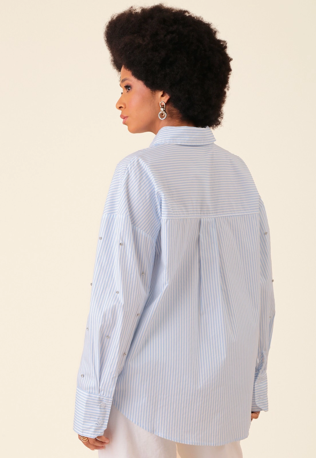 Camisa Listrada Em Algodão Com Pedraria Strass