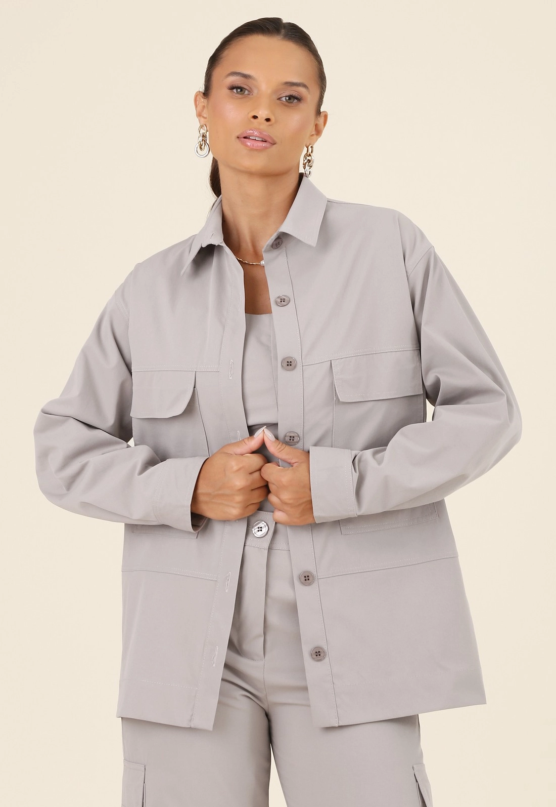 Camisa Overshirt Em Alfaiataria Sarjada Manga Longa