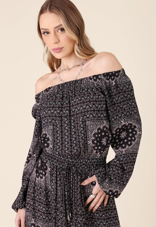 Vestido New Midi Manga Longa Em Viscolinho Estampado Midnight Bloom