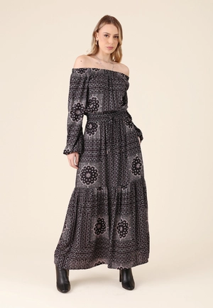 Vestido New Midi Manga Longa Em Viscolinho Estampado Midnight Bloom