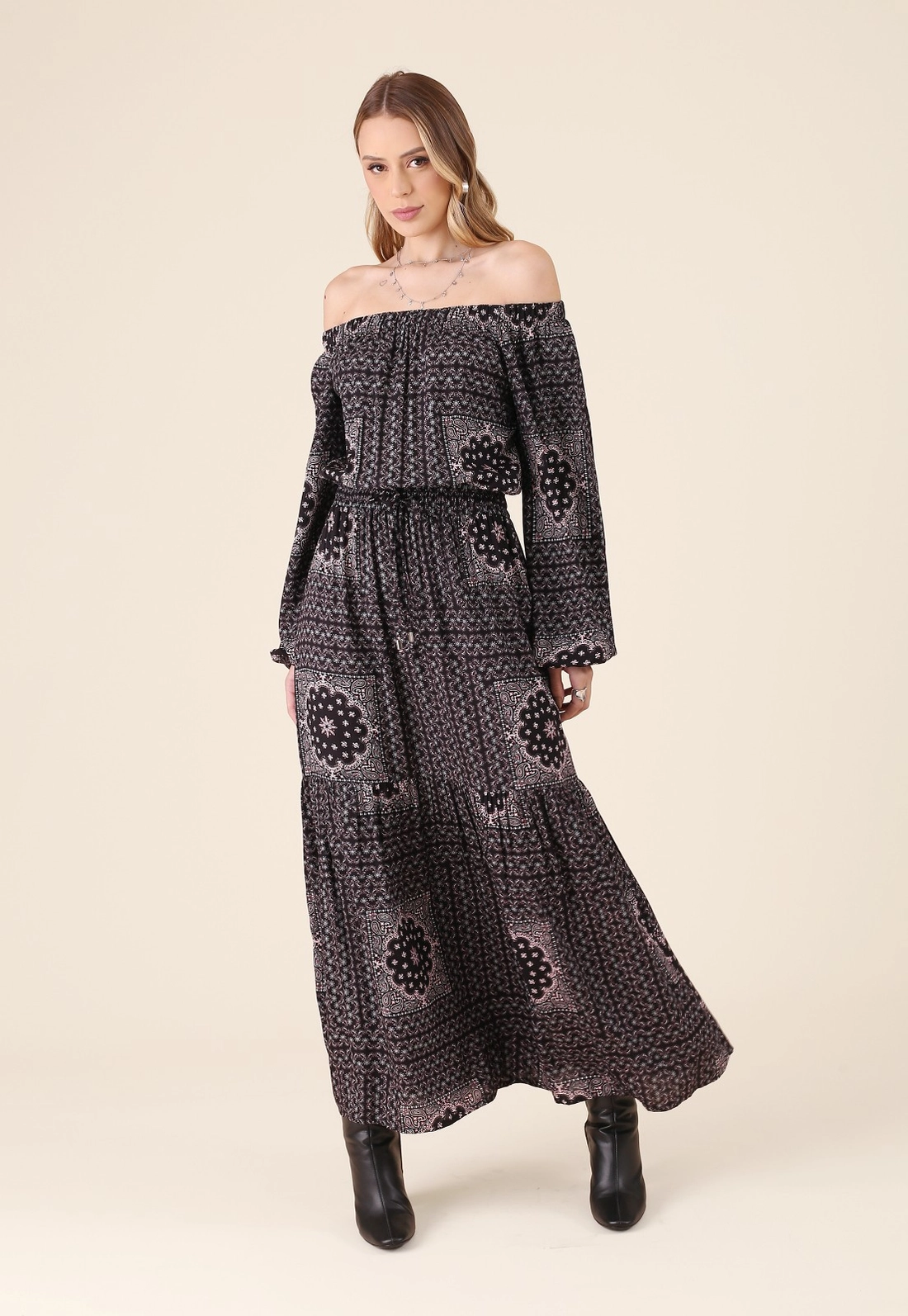 Vestido New Midi Manga Longa Em Viscolinho Estampado Midnight Bloom
