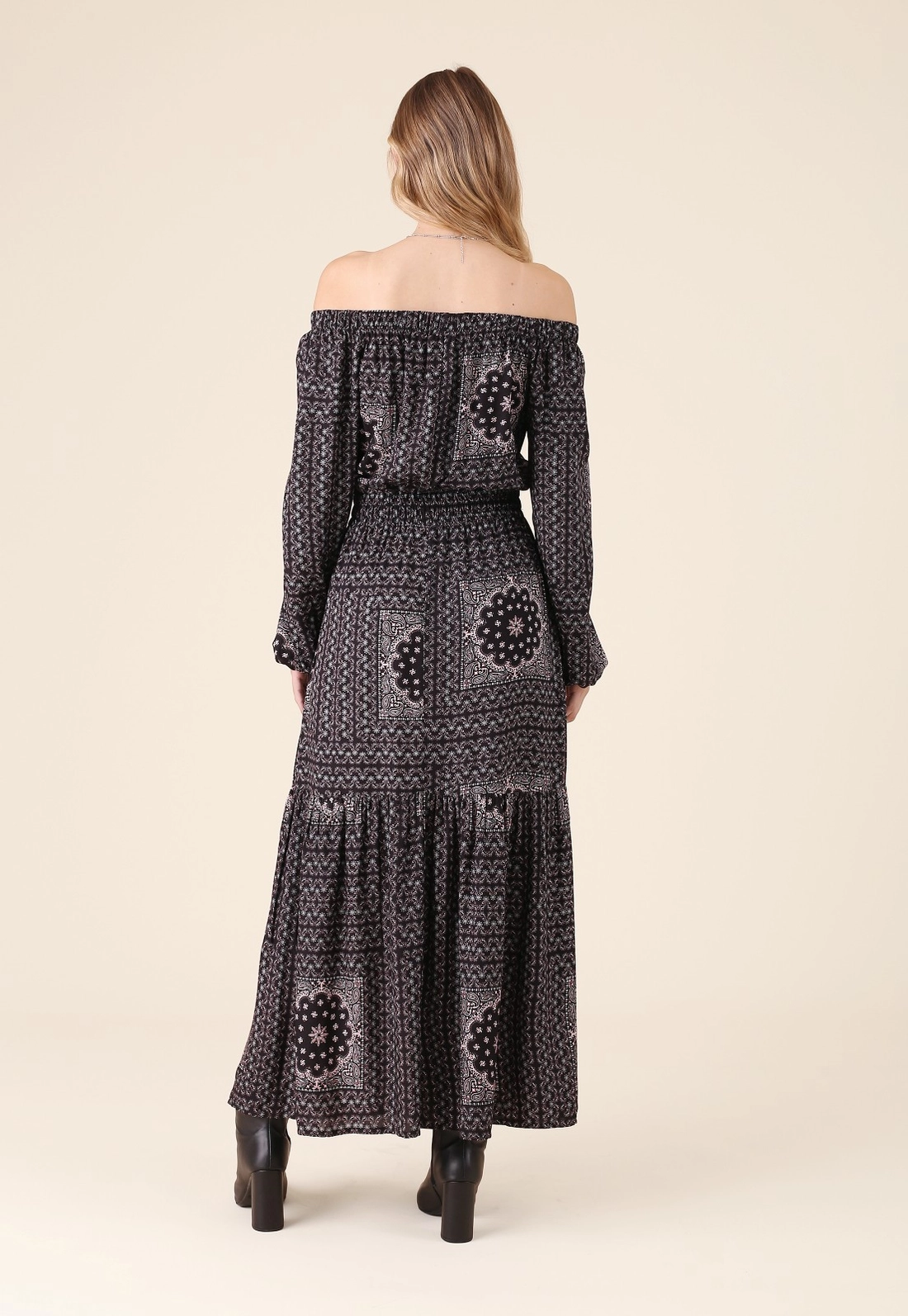 Vestido New Midi Manga Longa Em Viscolinho Estampado Midnight Bloom