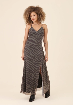 Vestido New Midi Com Alça Em Tule Estampado Zebra