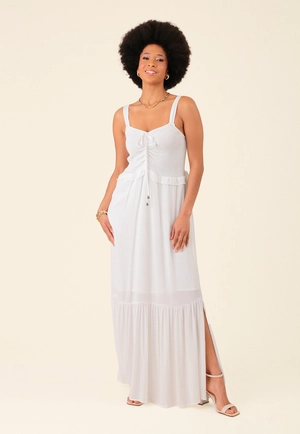 Vestido Longo Em Viscose Texturizada Alça E Babados