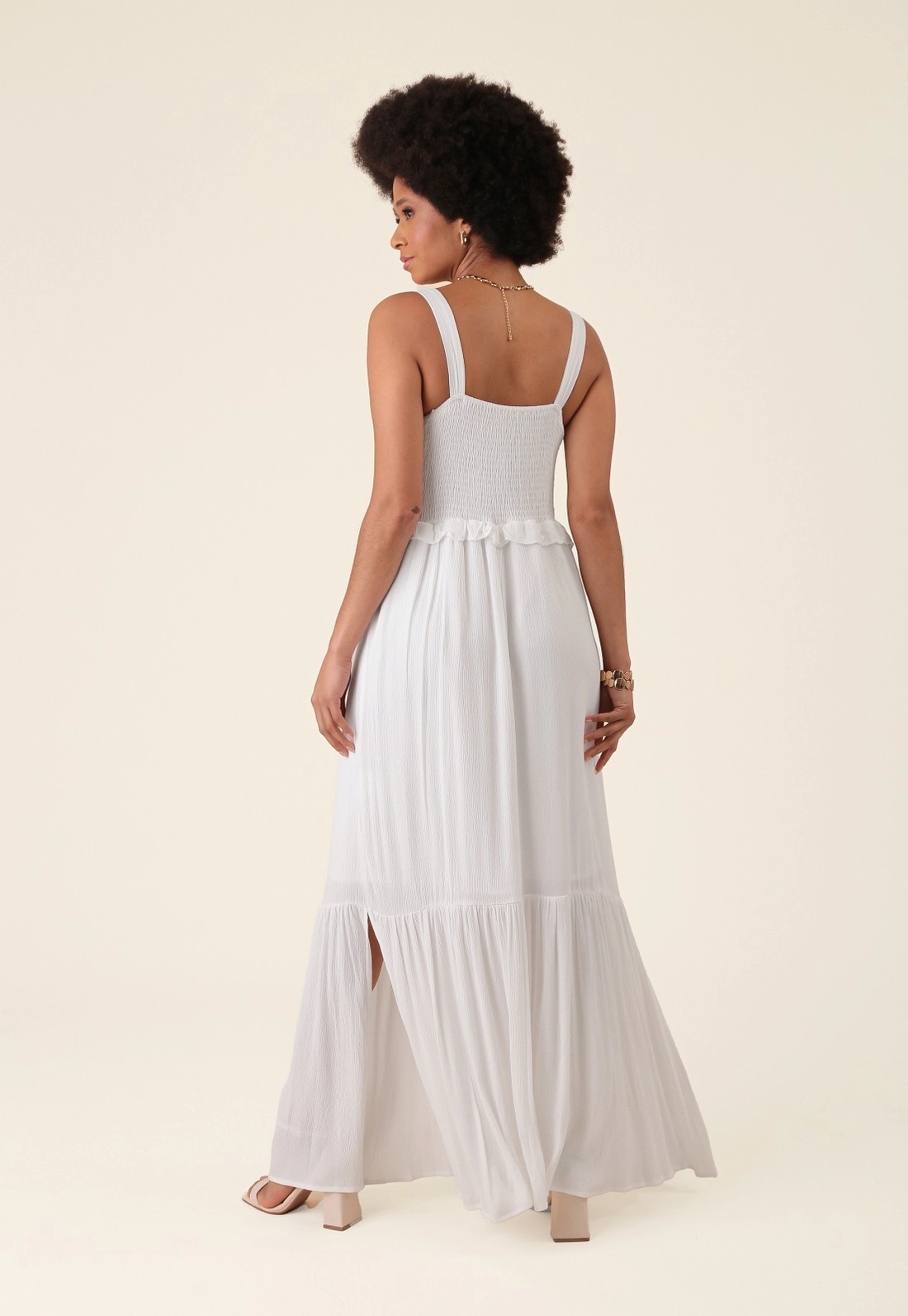Vestido Longo Em Viscose Texturizada Alça E Babados