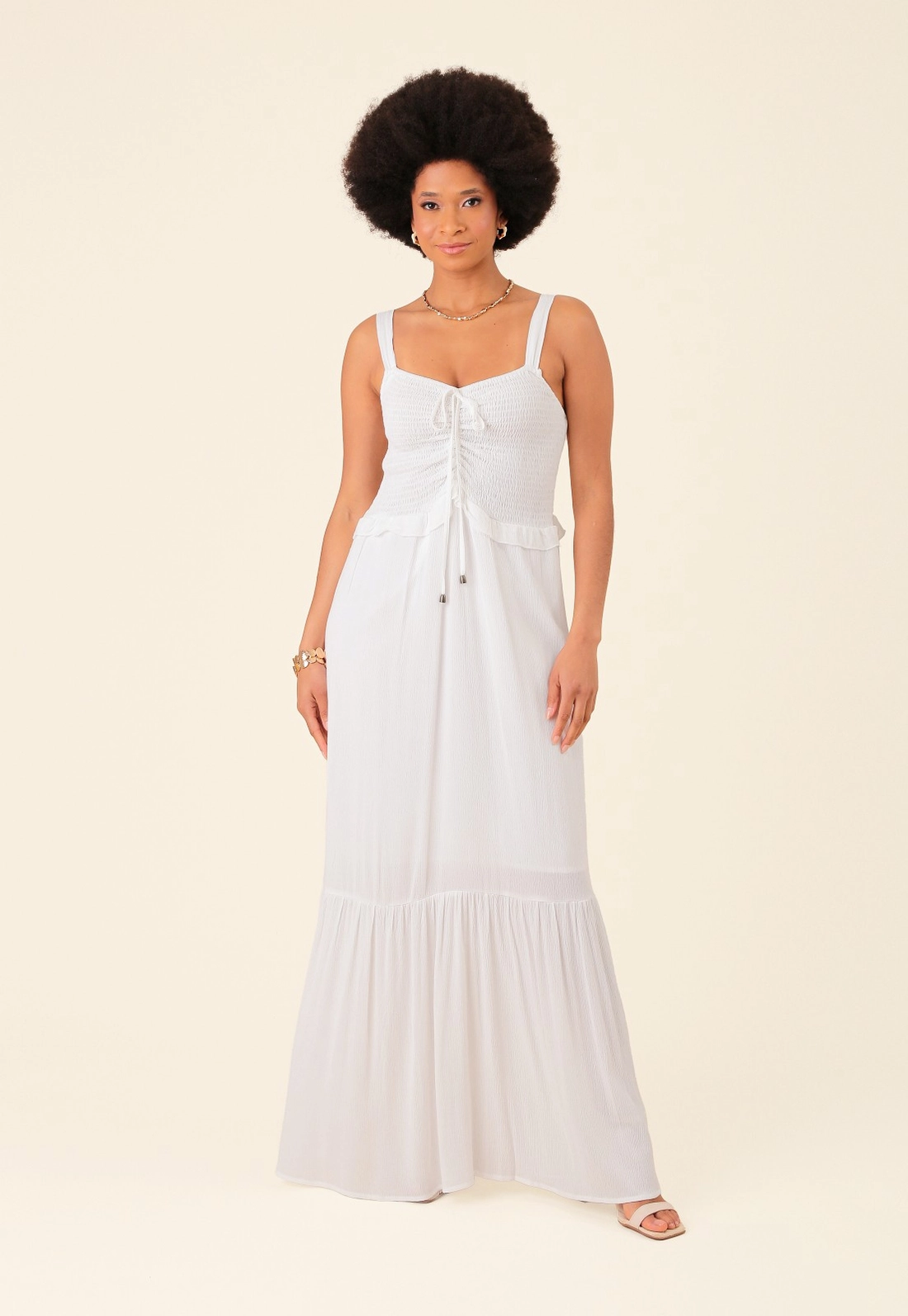 Vestido Longo Em Viscose Texturizada Alça E Babados