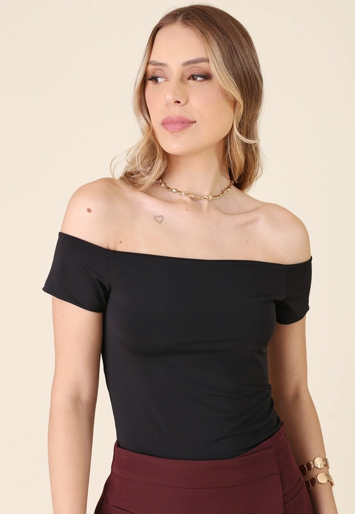 Blusa Em Poliamida Manga Curta Ombro A Ombro