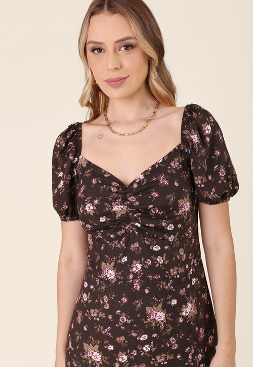 Vestido Midi Em Viscose Estampada Floral Manga Curta
