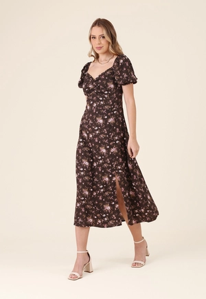 Vestido Midi Em Viscose Estampada Floral Manga Curta