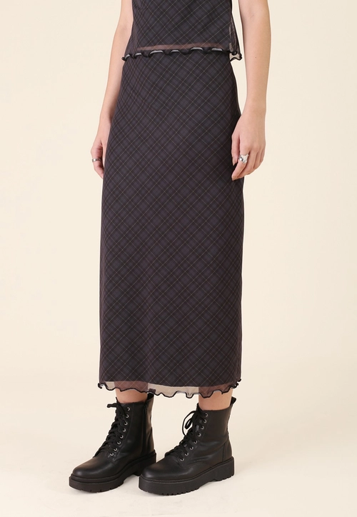 Saia Midi Em Tule Mini Xadrez