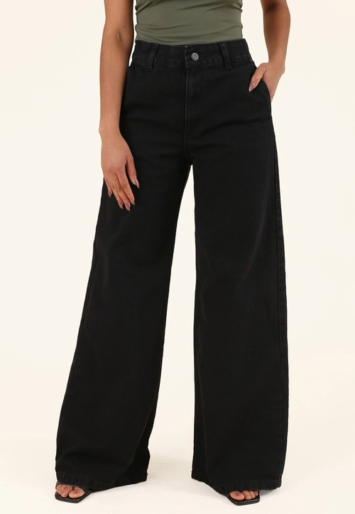 Calça Jeans Wide Leg Bolso Faca
