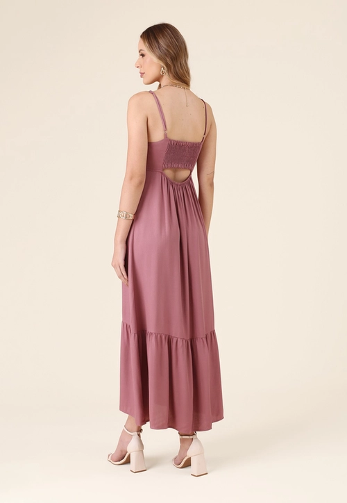 Vestido Midi Alça Com Franzido Em Viscose