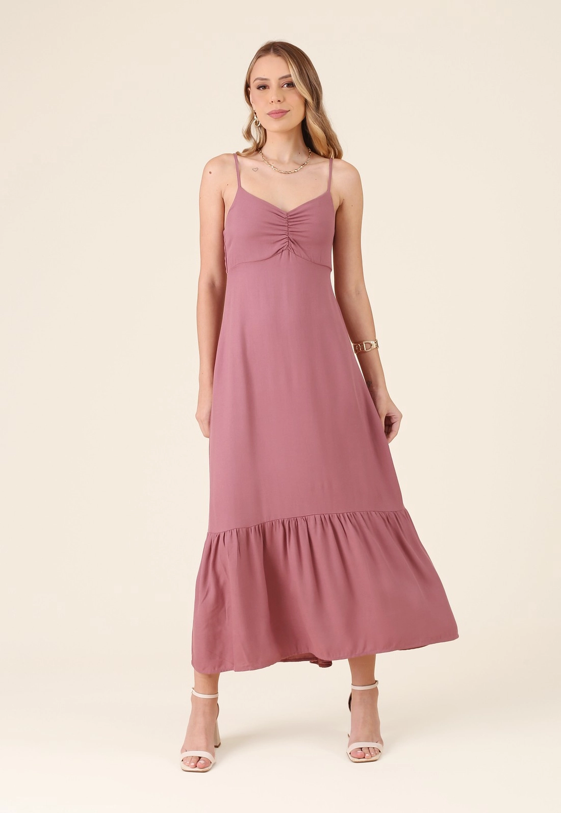 Vestido Midi Alça Com Franzido Em Viscose