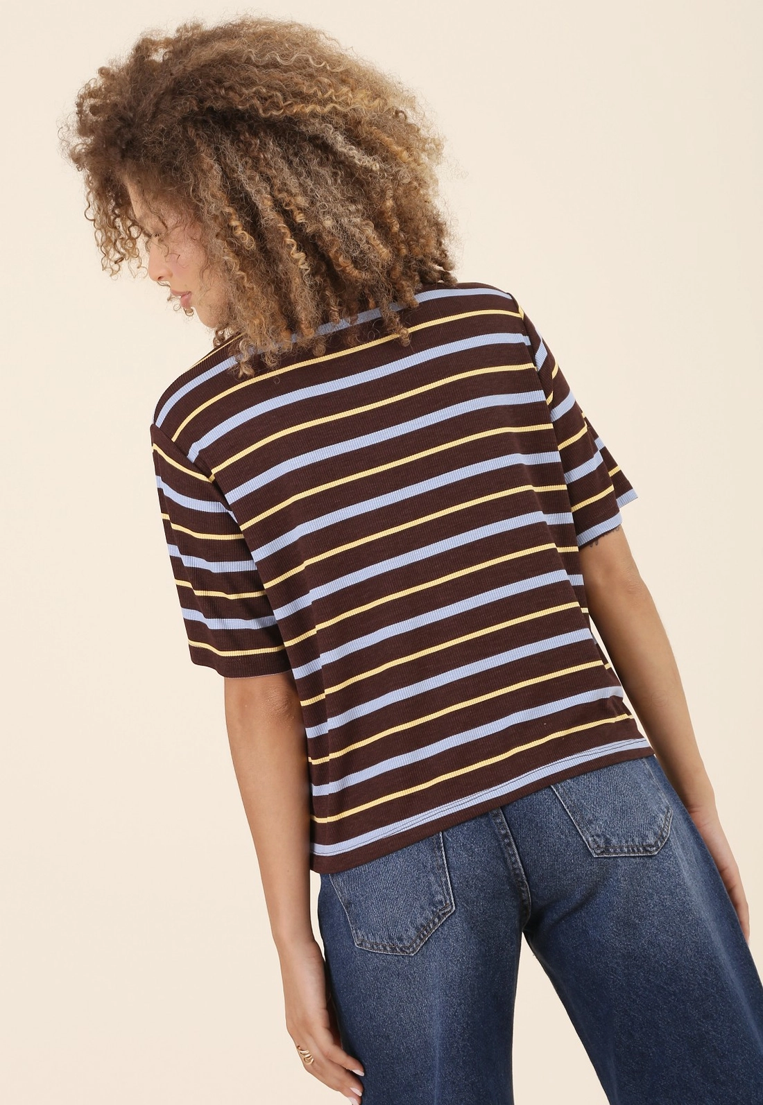Blusa Manga Curta Em Ribana Listrada