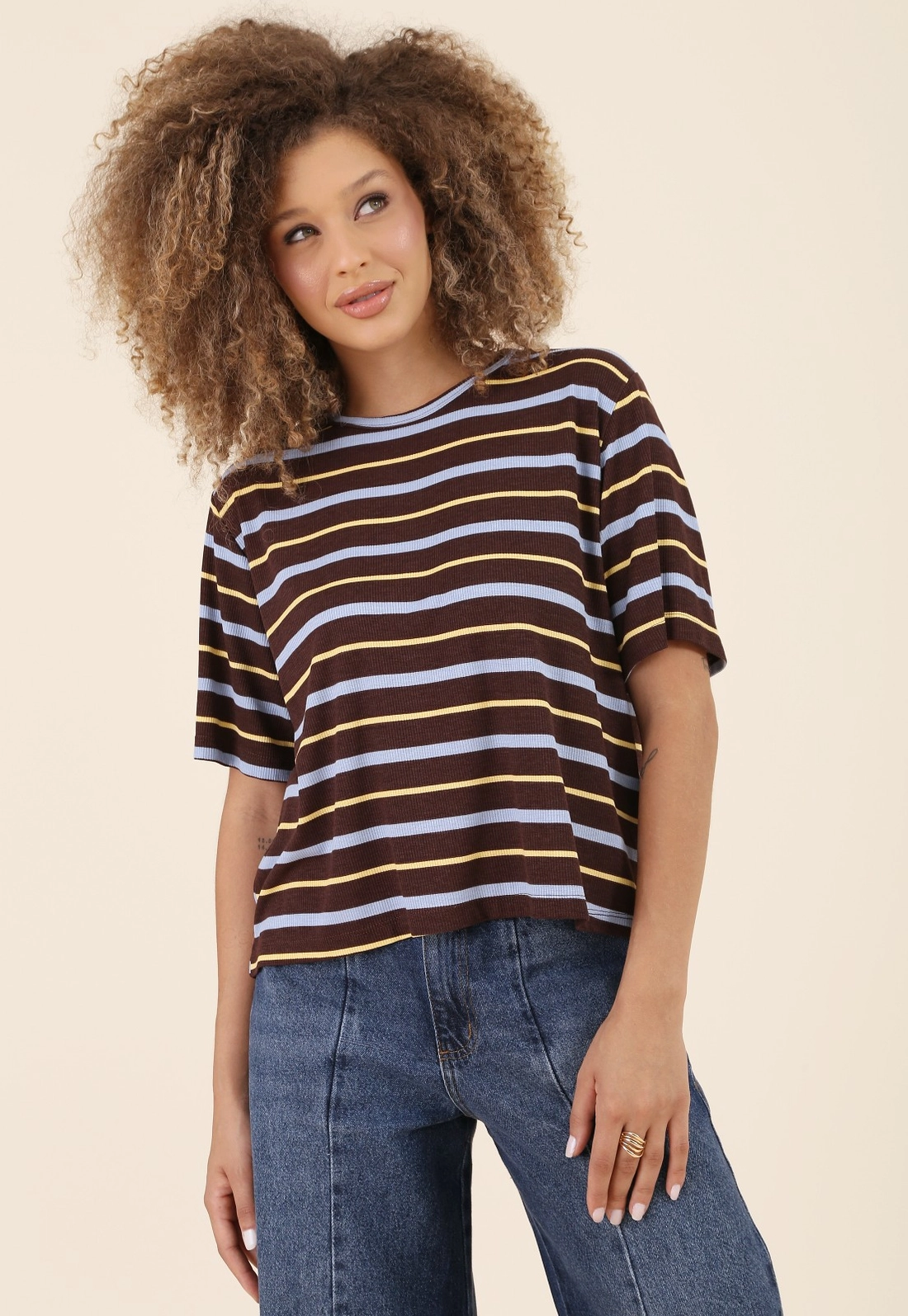 Blusa Manga Curta Em Ribana Listrada