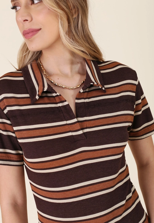 Blusa Gola Polo Manga Curta Em Ribana Listrada