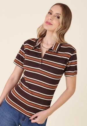 Blusa Gola Polo Manga Curta Em Ribana Listrada
