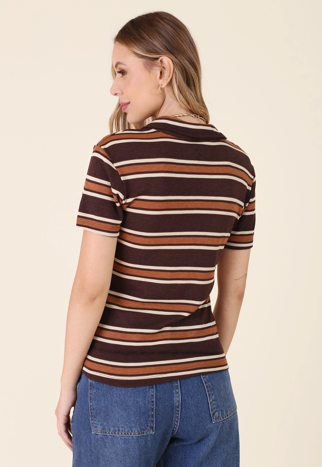 Blusa Gola Polo Manga Curta Em Ribana Listrada