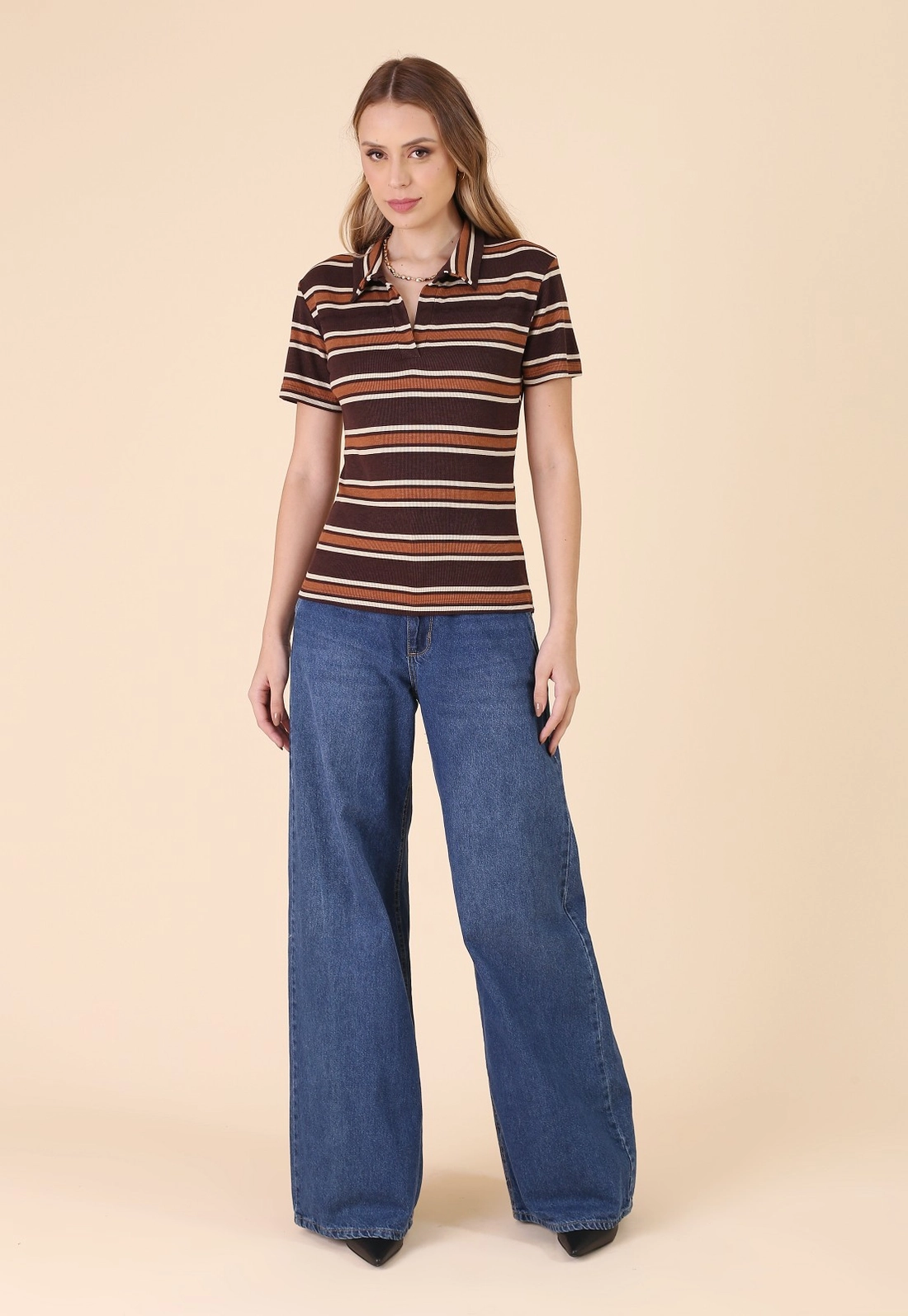 Blusa Gola Polo Manga Curta Em Ribana Listrada
