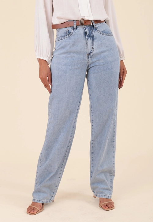 Calça Jeans Reta Azul Claro Com Cinto