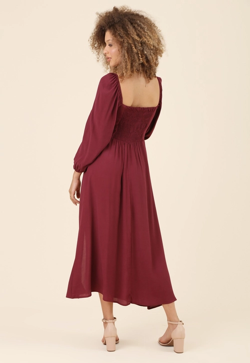 Vestido New Midi Manga 7/8 Com Franzido E Elastex Costa Em Crepe Marroquine