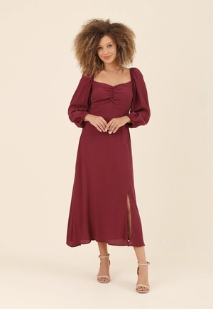 Vestido New Midi Manga 7/8 Com Franzido E Elastex Costa Em Crepe Marroquine