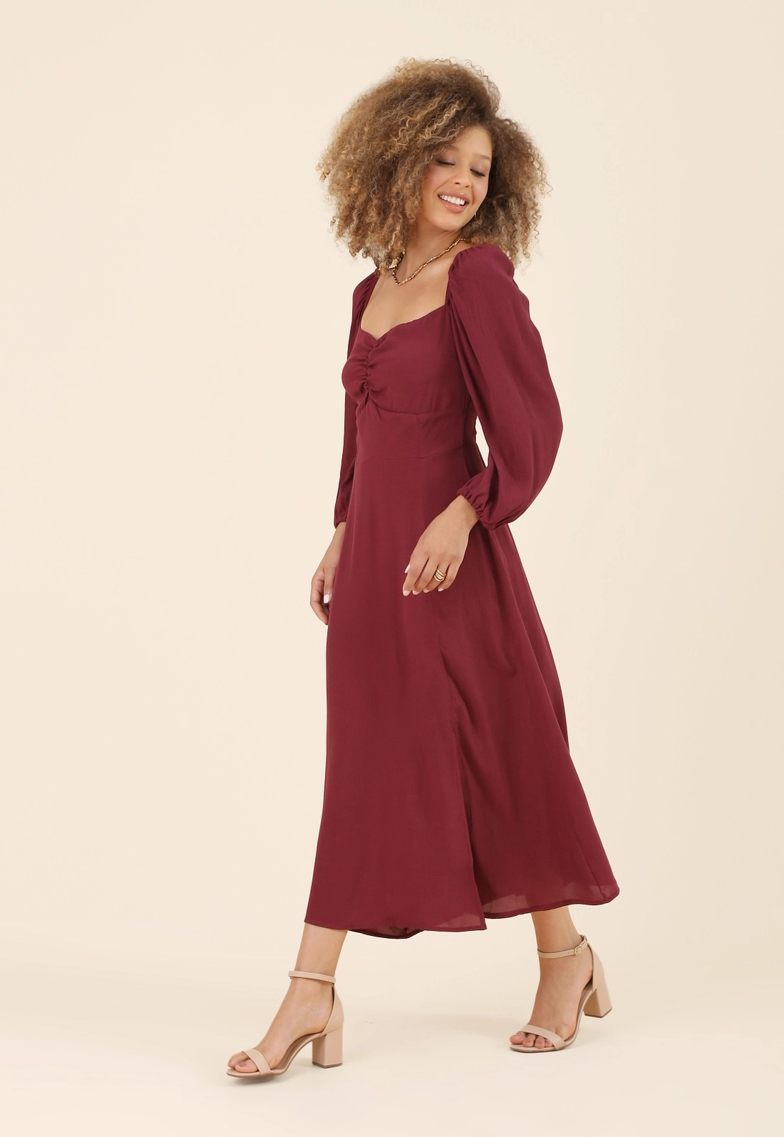 Vestido New Midi Manga 7/8 Com Franzido E Elastex Costa Em Crepe Marroquine