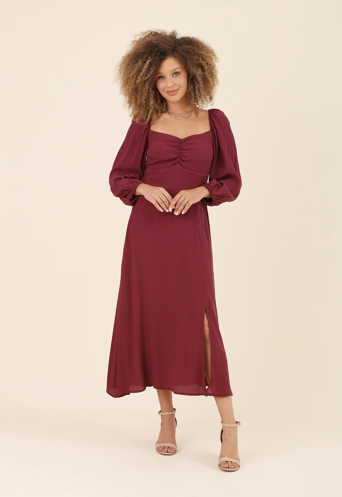 Vestido New Midi Manga 7/8 Com Franzido E Elastex Costa Em Crepe Marroquine