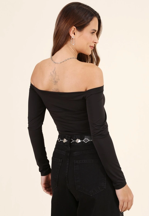 Blusa Ombro A Ombro Manga Longa Em Poliamida