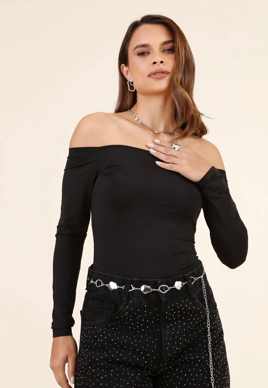 Blusa Ombro A Ombro Manga Longa Em Poliamida