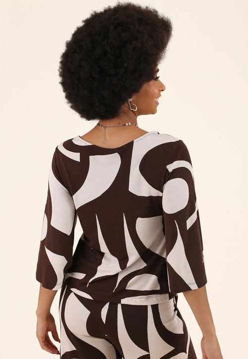 Blusa Manga 7/8 Em Malha Piquet Estampada Soft Geometry