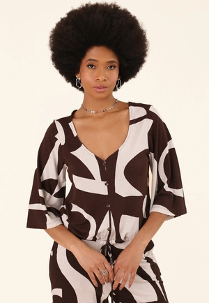 Blusa Manga 7/8 Em Malha Piquet Estampada Soft Geometry