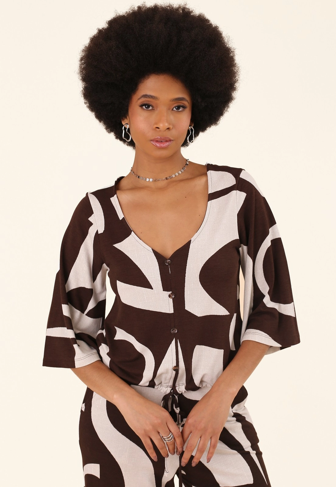 Blusa Manga 7/8 Em Malha Piquet Estampada Soft Geometry