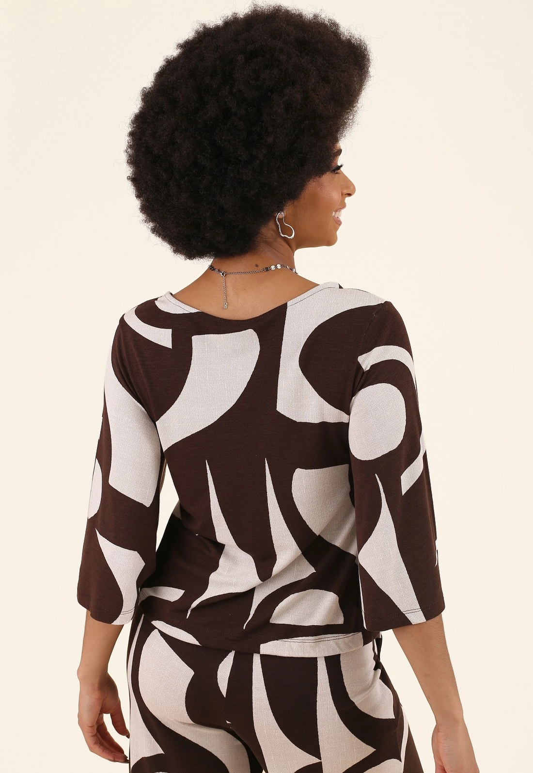 Blusa Manga 7/8 Em Malha Piquet Estampada Soft Geometry
