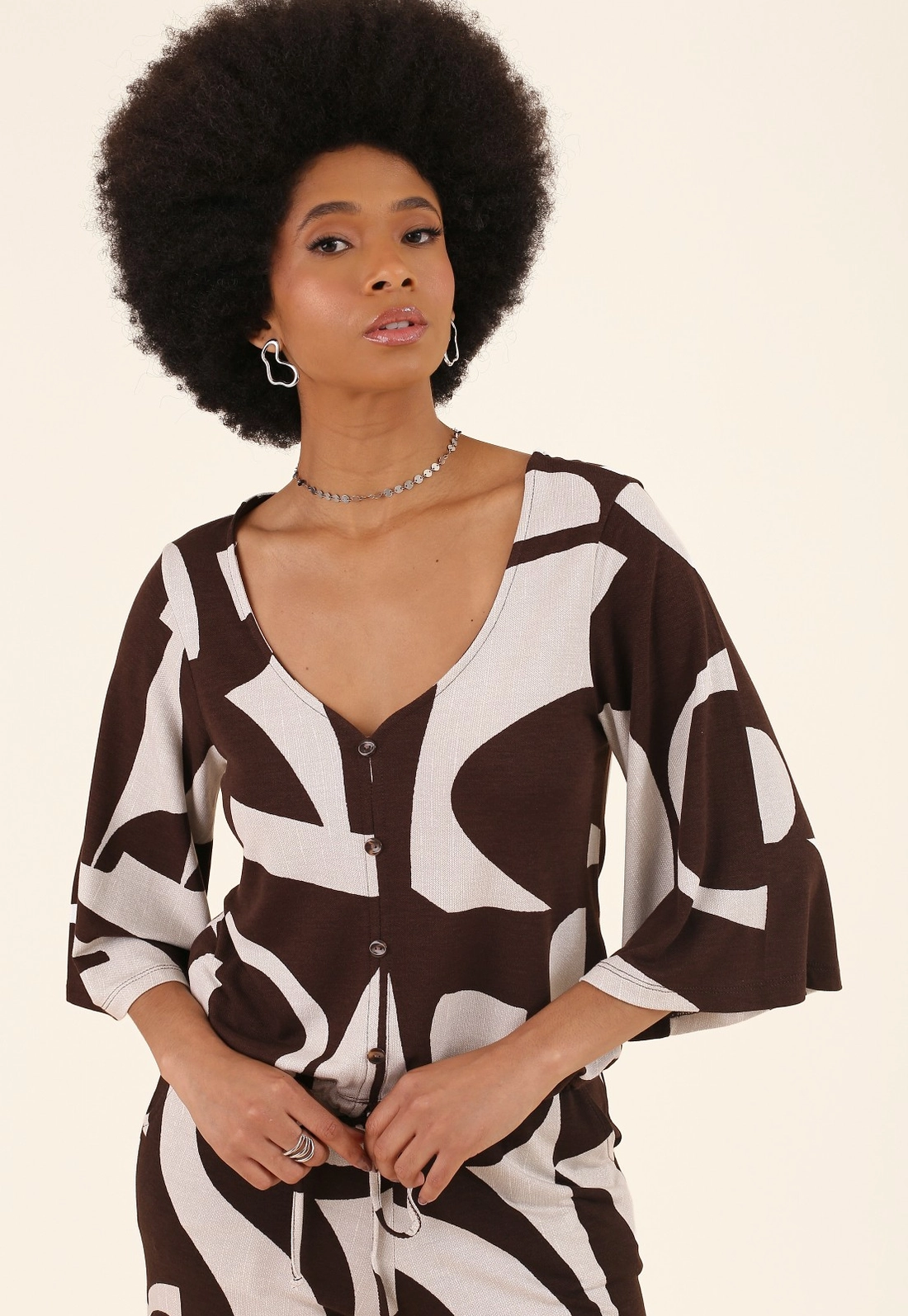 Blusa Manga 7/8 Em Malha Piquet Estampada Soft Geometry