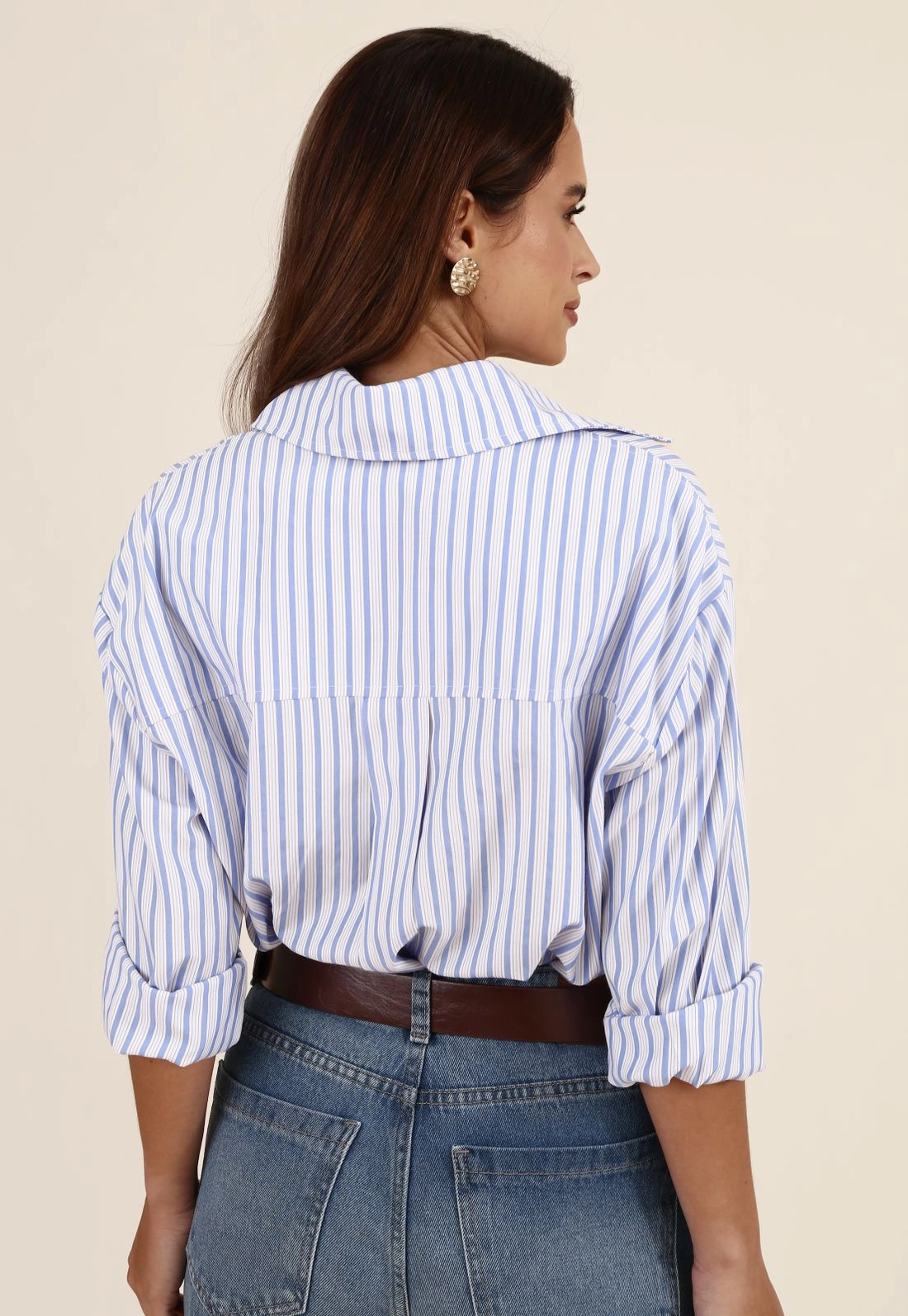 Camisa Oversized Manga Longa Em Tricoline Listrado