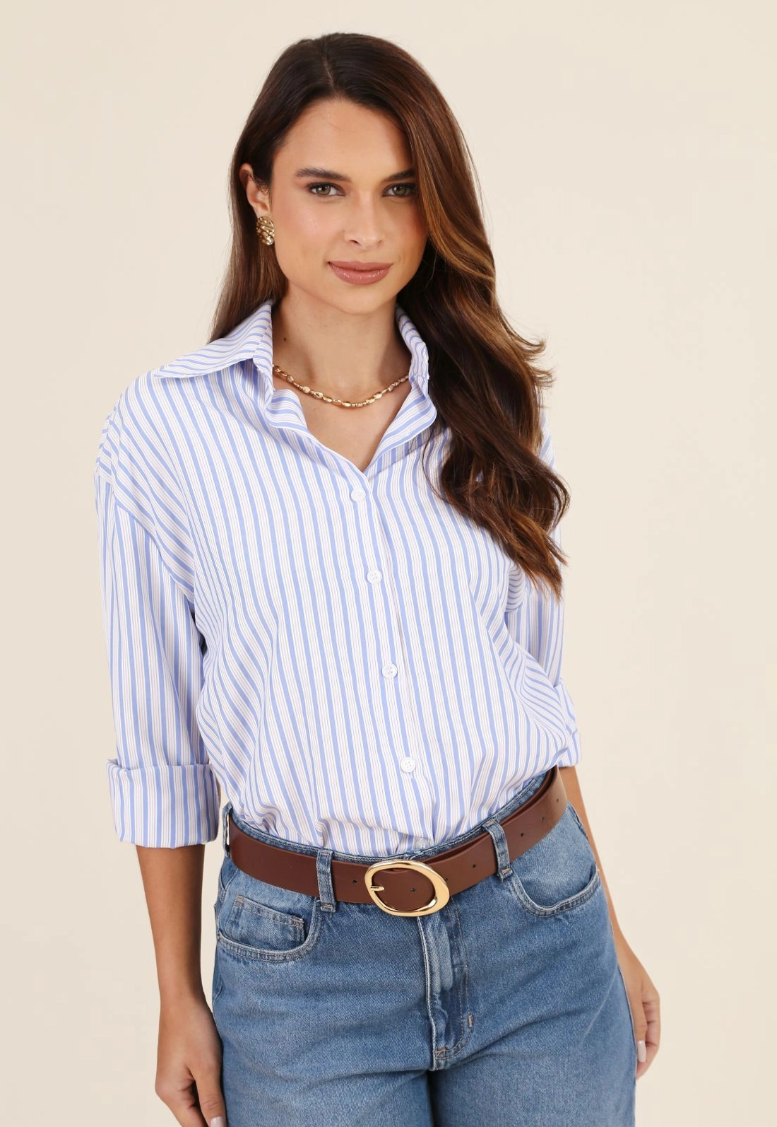 Camisa Oversized Manga Longa Em Tricoline Listrado