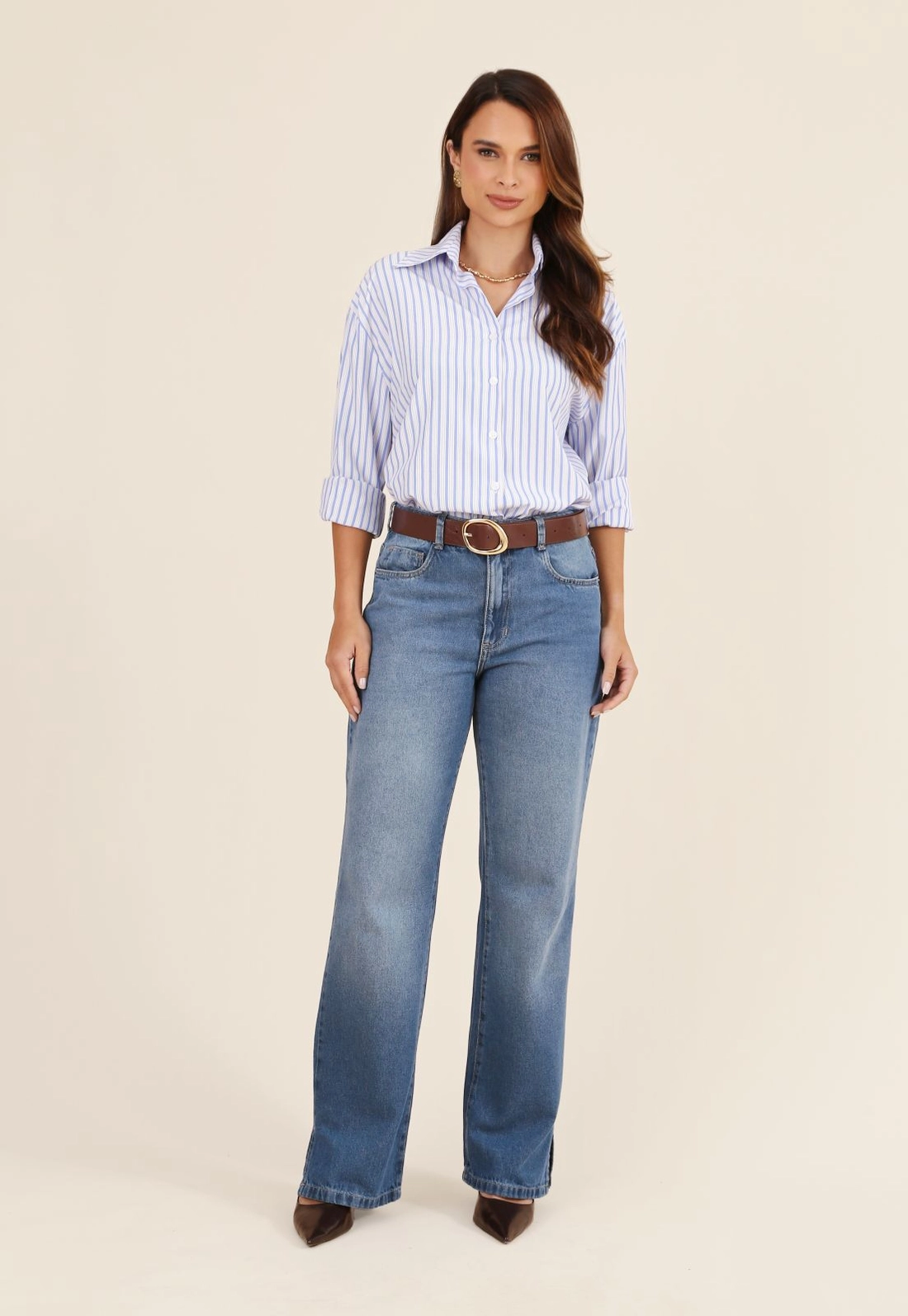 Camisa Oversized Manga Longa Em Tricoline Listrado