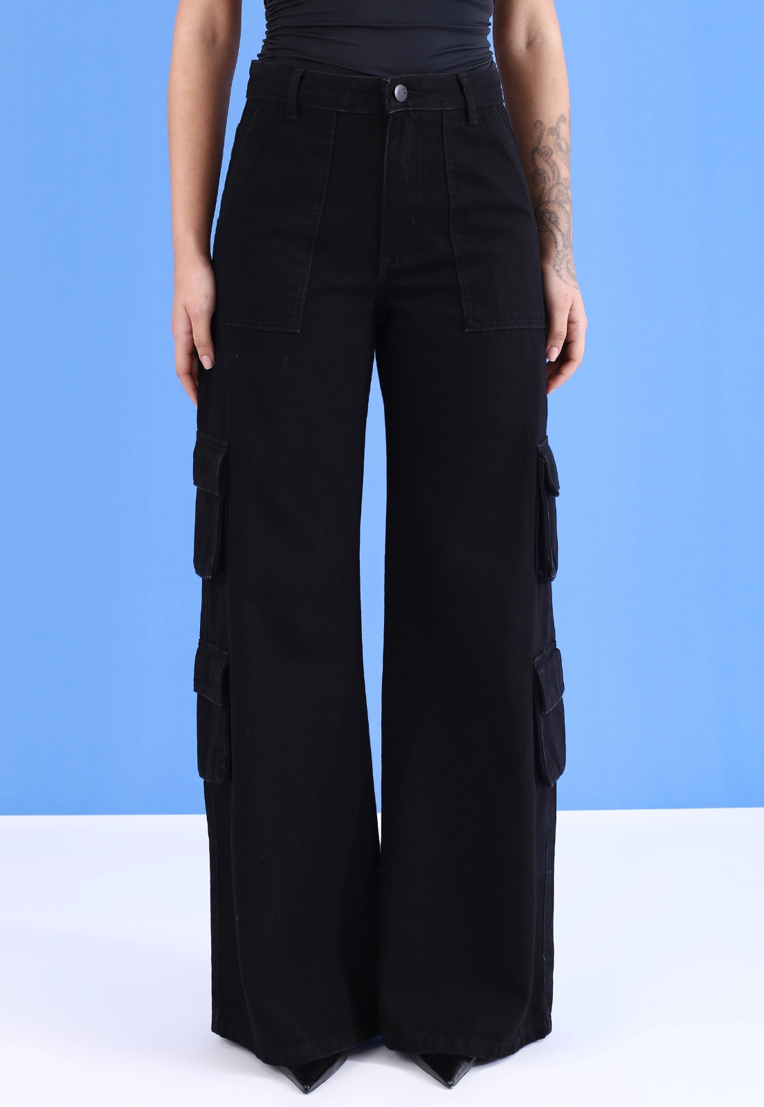 Calça Wide Leg Cargo Em Sarja