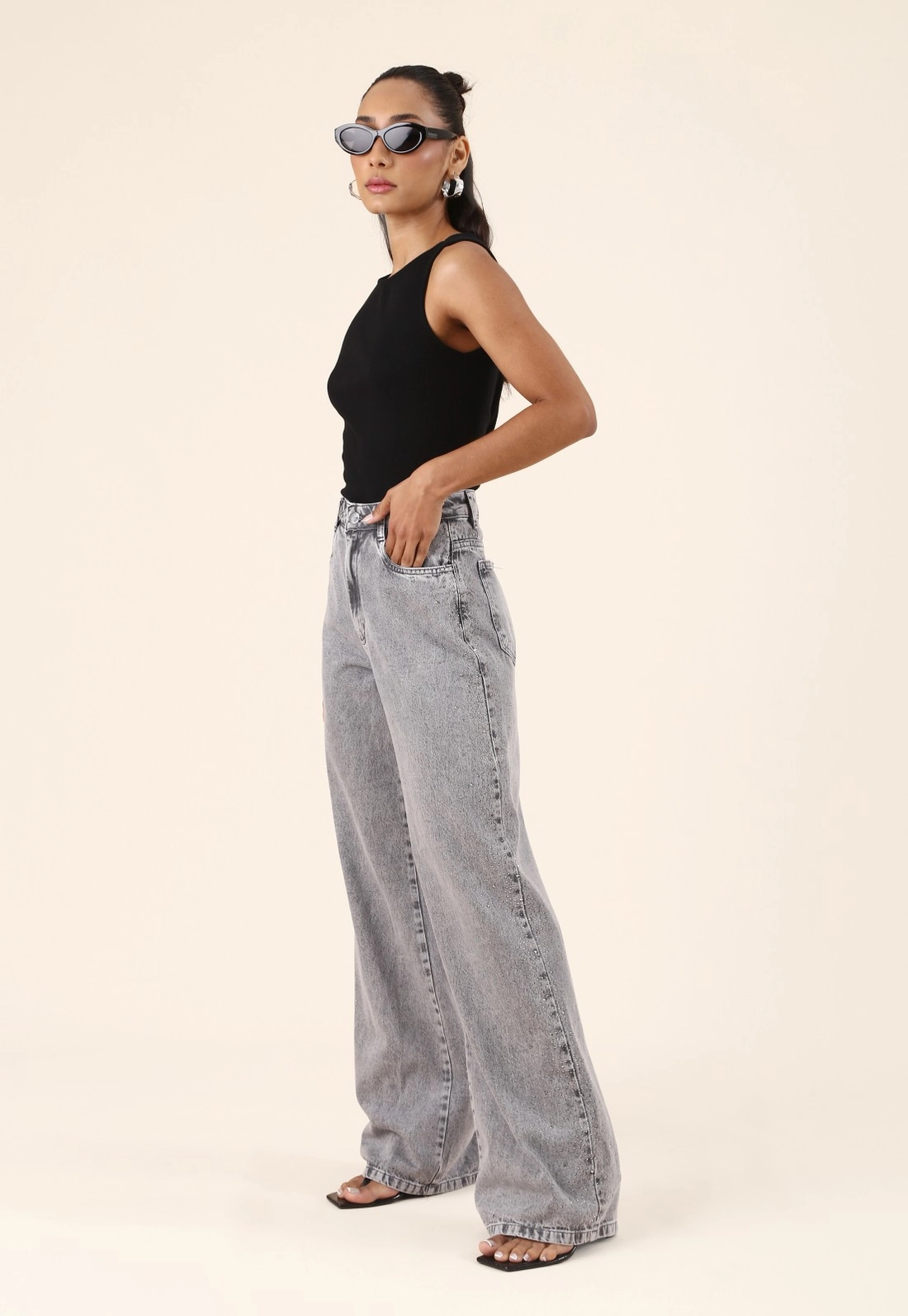 Calça Jeans Wide Leg Cinza
