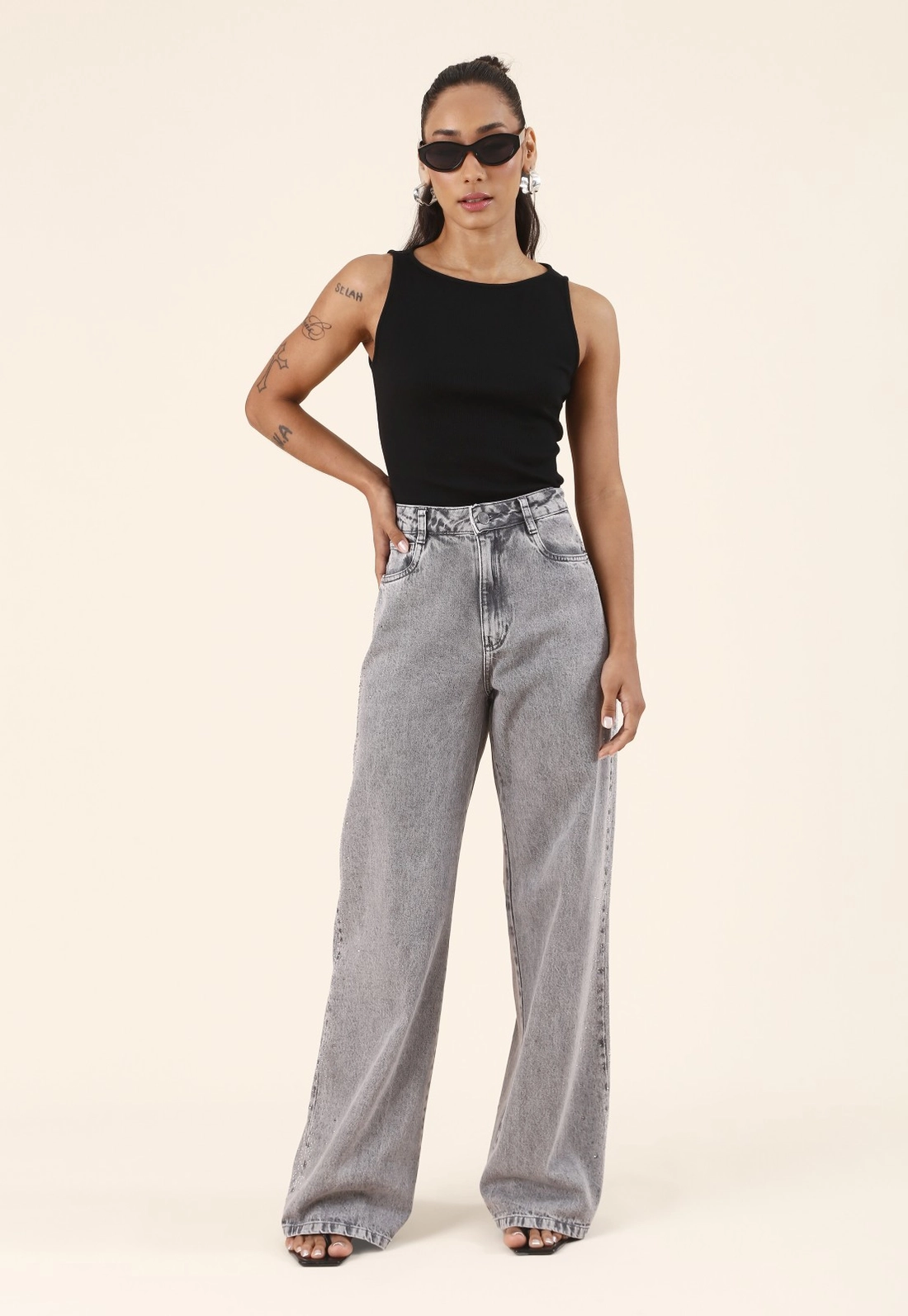 Calça Jeans Wide Leg Cinza