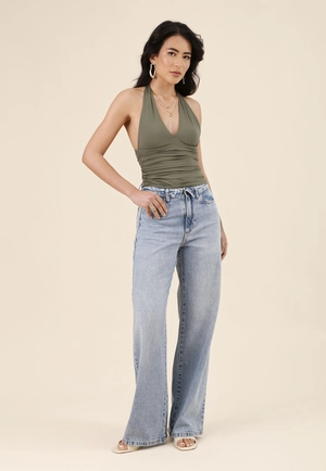 Calça Jeans Wide Leg Com Cós Virado
