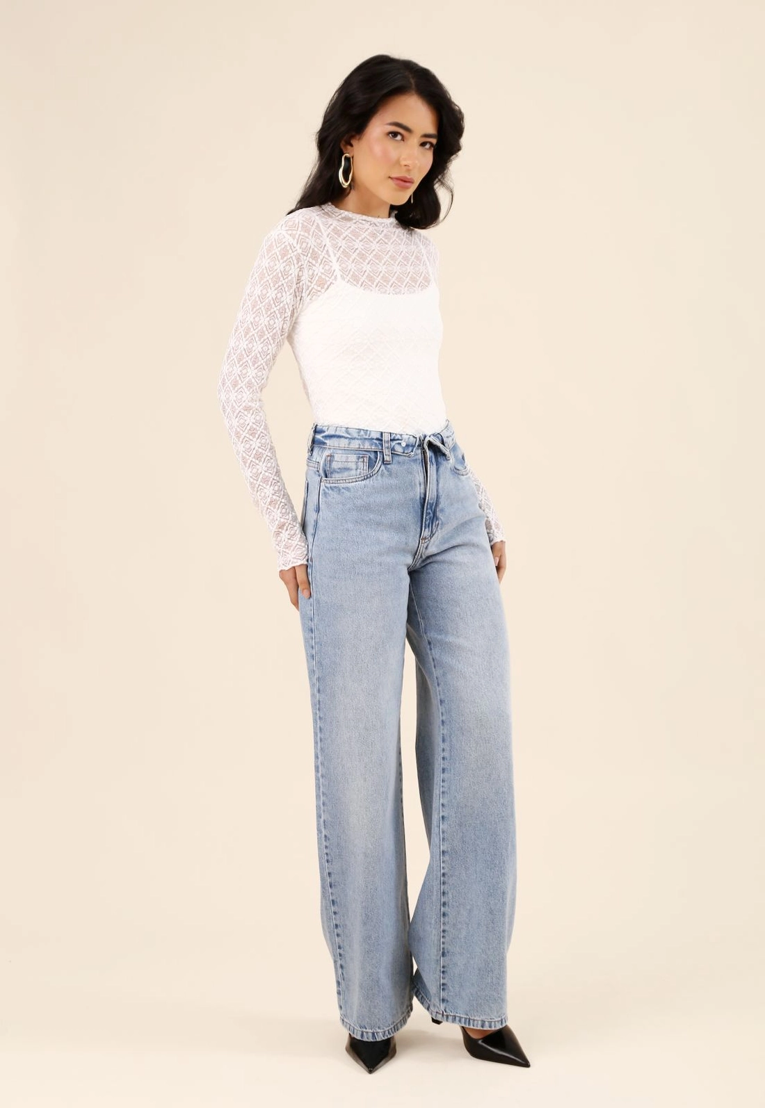 Calça Jeans Wide Leg Com Cós Virado