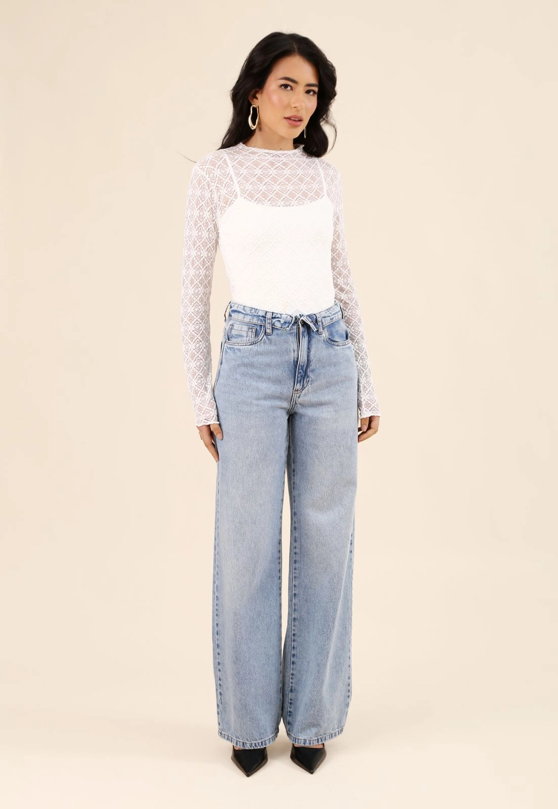 Calça Jeans Wide Leg Com Cós Virado