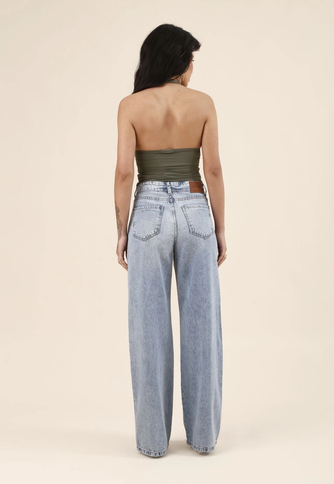 Calça Jeans Wide Leg Com Cós Virado
