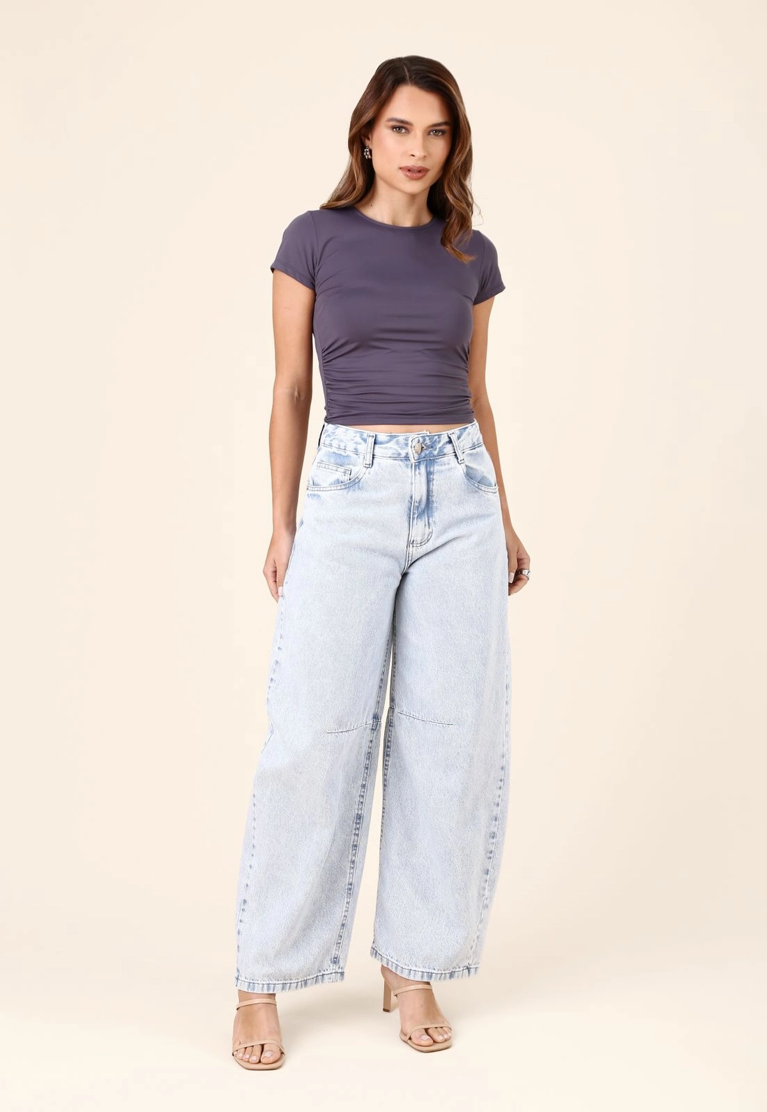 Blusa Manga Curta Franzido Lateral Em Poliamida