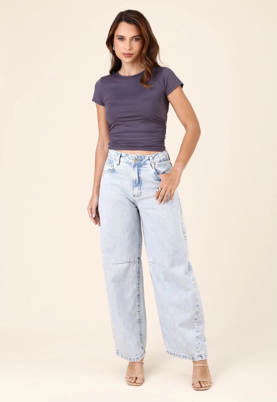 Blusa Manga Curta Franzido Lateral Em Poliamida